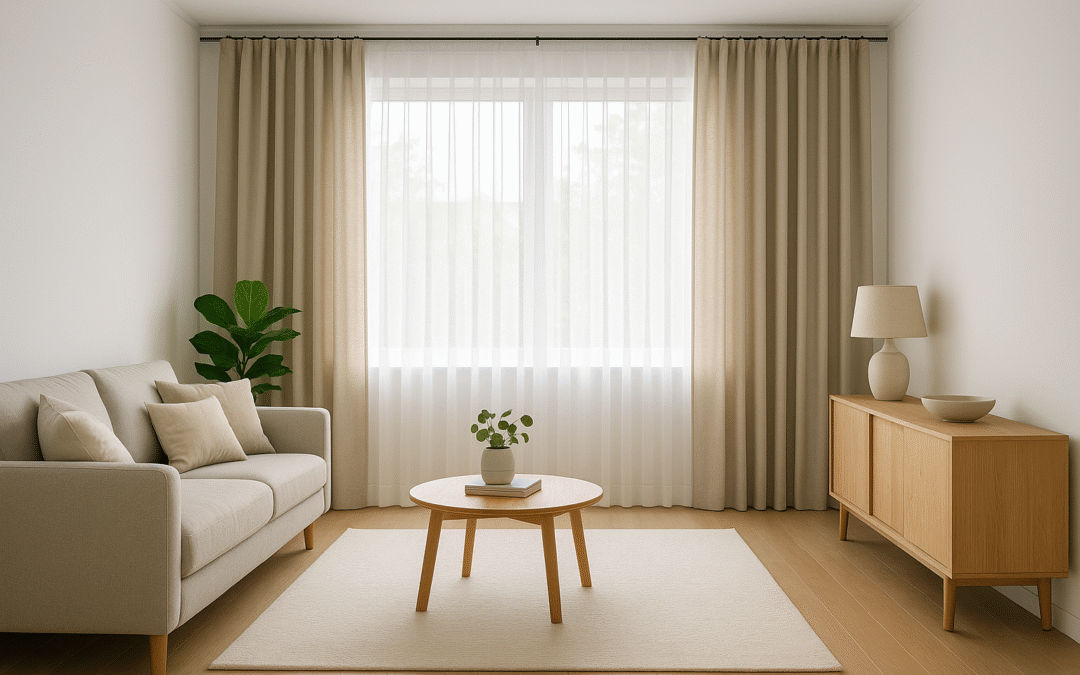 Modern living room with sheer curtains layered under blackout drapes, allowing light control and elegant styling